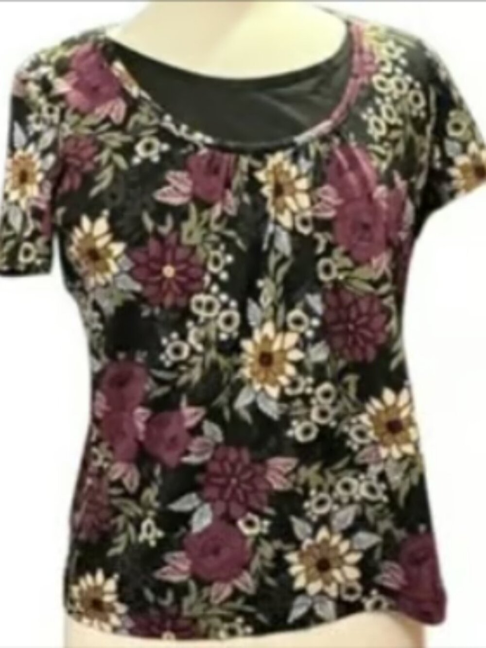 Sag Harbor Short Sleeve Blouse Floral Top Cottagecore Stretch Office Casual SM
